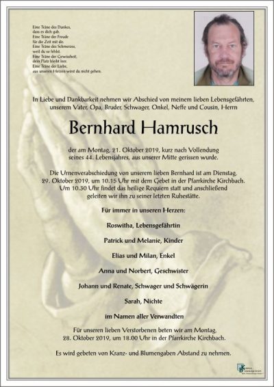 Die Feuerwehr Kirchbach trauert um Kamerad Bernhard Hamrusch